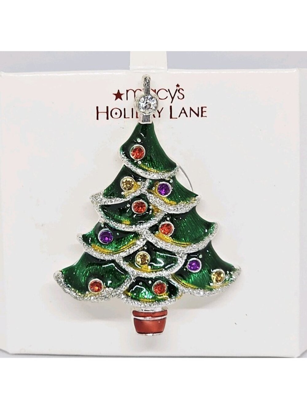 Vintage Macy's Enamel Lucite Rhinestone Christmas Tree Brooch Pin Holiday Line
